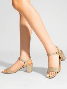 Women's Low Block Heel Sandals With Buckle - Gold - View 3