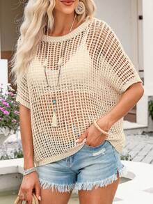 Women's Summer Mesh Knit Ribbed Crew Neck Short Sleeve Sweater T-Shirt Vacation Beach - Apricot - View 4