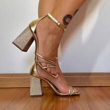 Women's Sandals Block Heel Rhinestone Shiny Straps Billiards Party Wedding - 金色 - 查看 1