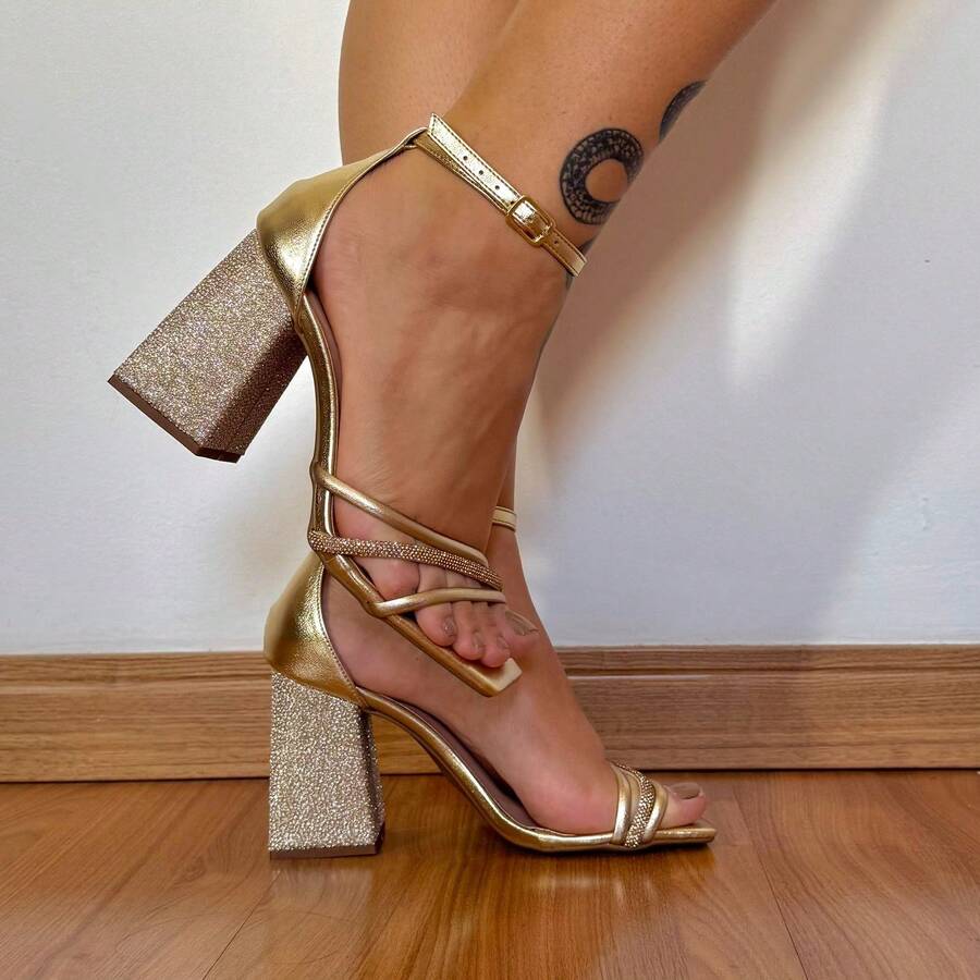 Women's Sandals Block Heel Rhinestone Shiny Straps Billiards Party Wedding - 金色 - 查看 1
