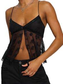 Women Summer Y2k Crop Cami Tops Sleeveless V Neck Floral Embroidery Split Front Mesh Sheer Camisole Lace Trim Spaghetti Strap Tank Tops See Through Going Out Shirt Tops Aesthetic Clothes Beach Streetwear - 黑色 - 查看 2