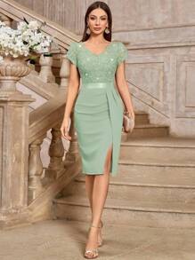 MIUSOL Elegant Sequin Lace Ruched Split Thigh Cocktail Party Bodycon Dress, Wedding Guest Dress