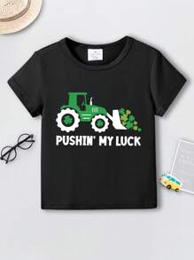 Young Boys Simple Letter & Bulldozer Clover Print Short Sleeve T-Shirt, Summer St. Patrick's Day