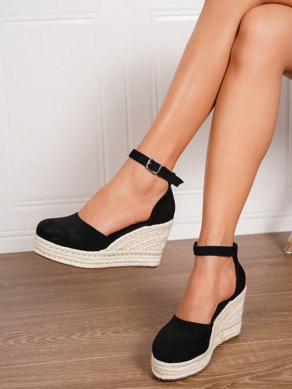 Plain Women's Minimalist Ankle-Strap Espadrille Shoes, Black Suede Woven Rope Sole Ladies Black Wedge Platform Shoes, Bohemian Braided Fabric Buckle Beach Wedding Outdoor All Season Woven Shoes