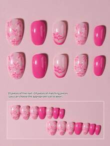 Instantly Upgrade Your Manicure! 24pcs Short Oval Nail Stickers, Pink Line Pattern With Pink & White Floral, Minimalist & Versatile. Set Includes 1 Nail File And 1 Bottle Of Jelly Gel, Designed For Women And Girls. Nails - Multicolor - View 3