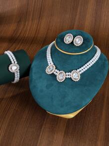 4pcs/Set Elegant Minimalist Jewelry Set For Women: 1pc Pearl Necklace, 1 Pair Crystal Earrings, 1pc Beaded Bracelet, Suitable For Daily Wear