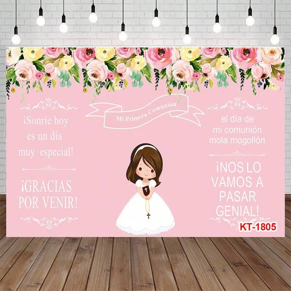 My First Backdrop Birthday Party Decor Baptism Gold Cross God Bless Photography Background