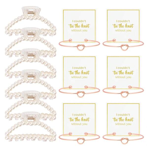 18 pezzi Set regalo per proposta da damigella, 6 fermagli per capelli con perle e 6 braccialetti con nodo per damigelle, regali per addio al nubilato, matrimonio, accessori per capelli per donne