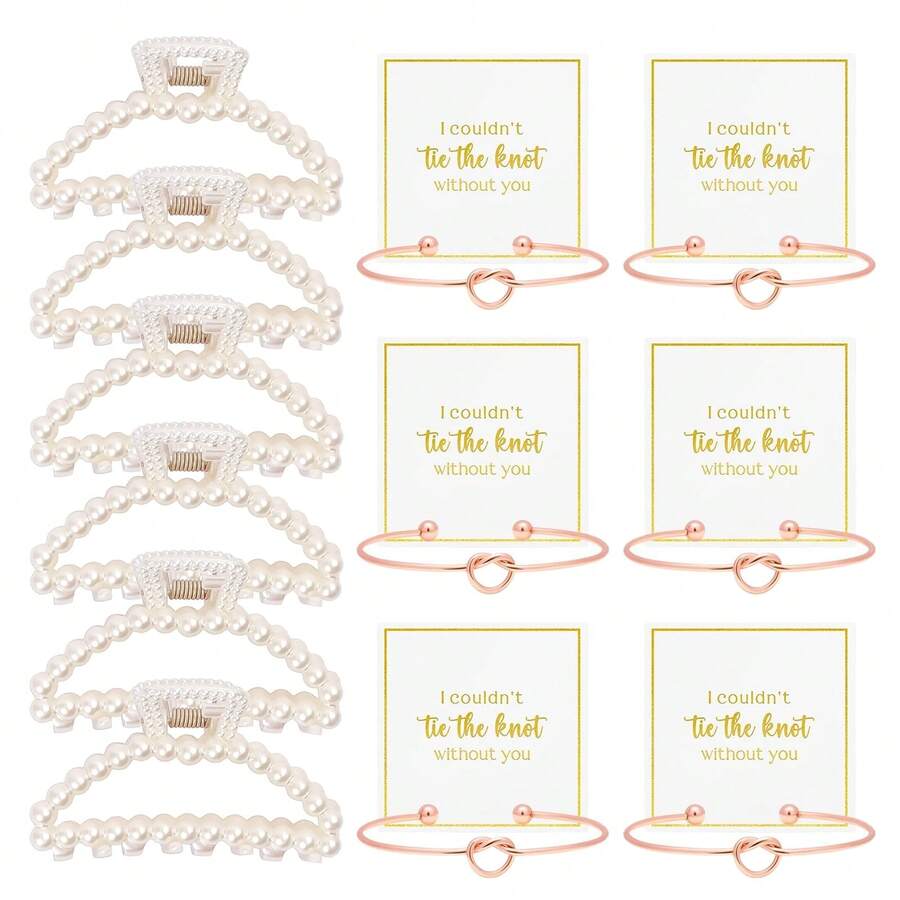 18 pezzi Set regalo per proposta da damigella, 6 fermagli per capelli con perle e 6 braccialetti con nodo per damigelle, regali per addio al nubilato, matrimonio, accessori per capelli per donne