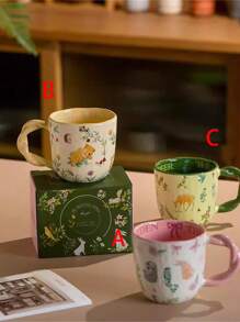 1pc 300ml Ceramic Cup With Nature-Inspired Texture, Braided Handle, Cartoon Design, Suitable For Home & Office Use