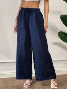 Pantalón de pierna ancha para mujer, diseño sexy, elegante y casual, tela de poliéster, apto para temporadas de primavera y verano, ajuste de cintura natural con resorte y cordón, con pequeña y elegante pedrería artificial y decorativa. Suave, fresco y ligero. - Azul - Ver 3