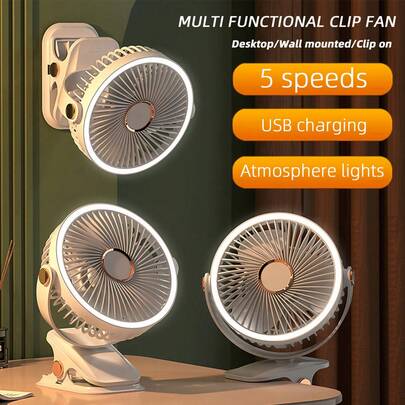 便携式夹式风扇，可充电，720°可调节，带LED灯，小巧桌面风扇，强劲静音，5档风速，USB充电，迷你个人降温风扇，适用于桌面、家庭办公室、婴儿车、露营，是送给女性的绝佳礼物。
