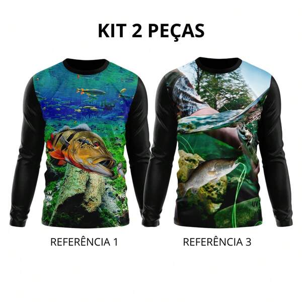 KIT 2 Camisa Camiseta Masculina e Feminina Uv Proteção Solar Estampa Peixe Pescaria