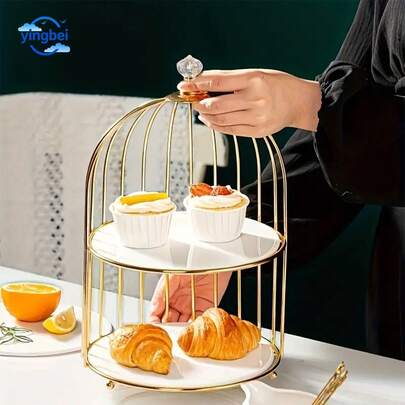 Elegant Double-Layer Birdcage Cake Stand - Golden Cast Iron Dessert Display For Living Room, Perfect For Snacks, Fruit & Sweets Dessert Table Display