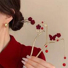 1 Peça Presilha de Cabelo com Flor de Camélia Vermelha, Suporte Elegante para Coque, Acessório de Cabeça Estilo Chinês Hanfu com Borla, Pente de Cabelo para Outono/Inverno, Pente Lateral, Material Escolar
