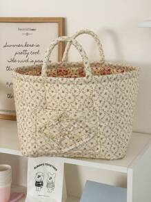 Cesta de lavandería de tela con estampado de flores pequeñas, grande, cuadrada, de asa blanda, con estilo rústico y elegante, para almacenar ropa sucia, artículo del hogar esencial para mujeres, adecuado para todo el año, organizador de armario y almacenamiento para dormitorio.