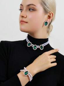4pcs/Set Elegant Minimalist Jewelry Set For Women: 1pc Pearl Necklace, 1 Pair Crystal Earrings, 1pc Beaded Bracelet, Suitable For Daily Wear