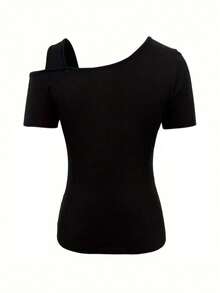 Hollow Out Asymmetric Shoulder T-Shirt, Stylish Short Sleeve Cutout Shoulder Top, Women - Black - View 4