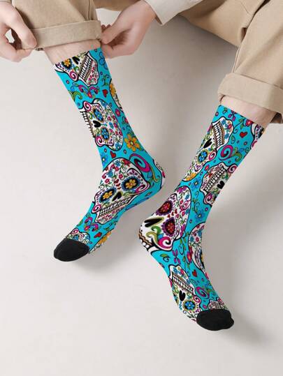 1 Pair 3D Printed Crew Socks For Men, All-Season Cartoon Zombie Design Unisex Socks, Comfortable Breathable Fashion Personalized Street Style Socks Suitable For Holidays Gift, Vacation