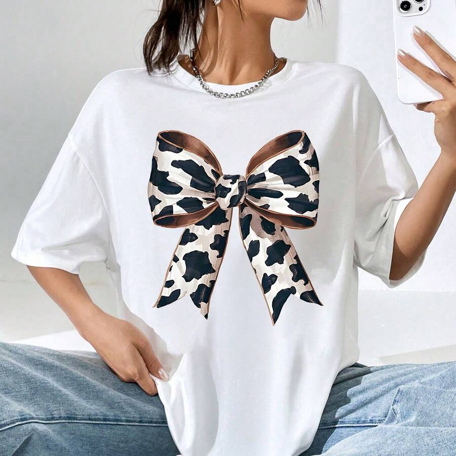 Cow Bow Shirt, Coquette Cow Tee, Women's Tshirt, Girly Western Tee, Western Coquette Tshirt, Cute Cowgirl Shirt, Gift For Her