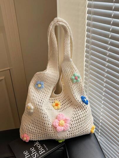 镂空花卉针织手提包，休闲度假沙滩包大容量编织手提包女士通勤海滩