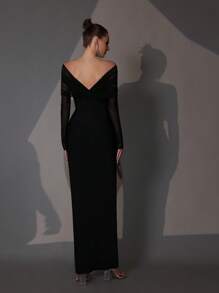 Modphy New Handmade Beaded & Rhinestone Embellished 3D Flower Sexy Off Shoulder Long Sleeve Bodycon Dress, Elegant For Wedding Guest, Holiday Party, Formal Evening Gown