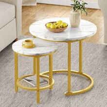 Living Room Coffee Table Set Of 2 - Nesting Side Tables With Storage (60*60*50.5cm), Round Wooden Top With Sturdy Metal Frame, Easy To Assemble - White - View 1