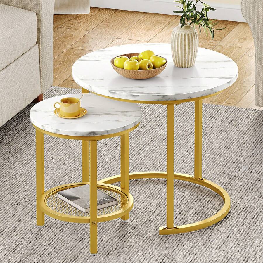Living Room Coffee Table Set Of 2 - Nesting Side Tables With Storage (60*60*50.5cm), Round Wooden Top With Sturdy Metal Frame, Easy To Assemble - White - View 1