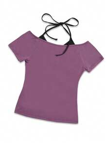 Women's Fashionable Y2K Retro American Style 2 In 1 Backless Tied Fitted Music Note Print Crop Top, Short Sleeve T-Shirt - Purple - View 4