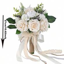 Bride And Bridesmaid Wedding Bouquet, White & Champagne Artificial Rose Wedding Decoration, Artificial Rose Wedding Bouquet, Bridal Bouquet, Bridesmaid Bouquet, Wedding Centerpiece Floral Arrangement, Party Home Decor Gift, Birthday Graduation