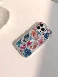 WeiMi 夏季手机壳 Iphone1pc 水彩贝壳海龟拼布图案闪亮柔软保护手机壳，防水防震防滑，兼容 防摔防刮 - 彩色 - 查看 2