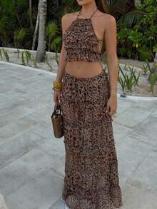 Women Y2k Leopard Long Skirt Set Sleeveless Backless Halter Top Tiered Flowy Ruffle Long Skirt Beach Sheer Outfits - Nhiều màu - Xem 1