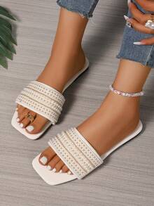 女士水晶拖鞋，休闲百搭户外塑料平底凉鞋，适合购物、郊游、海滩、节日、派对 - 白色 - 查看 3