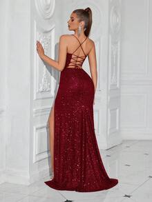 ADYCE Women's Sequin Criss-Cross Backless High Slit Spaghetti Strap Party Dress, Suitable For Parties, Events, Wedding Guests, New Year - Burgundy - View 2
