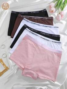 6 Stücke Damen Unterhosen mit Buchstaben-Bund-Design, unifarbene bequeme Baumwoll-Sporthöschen