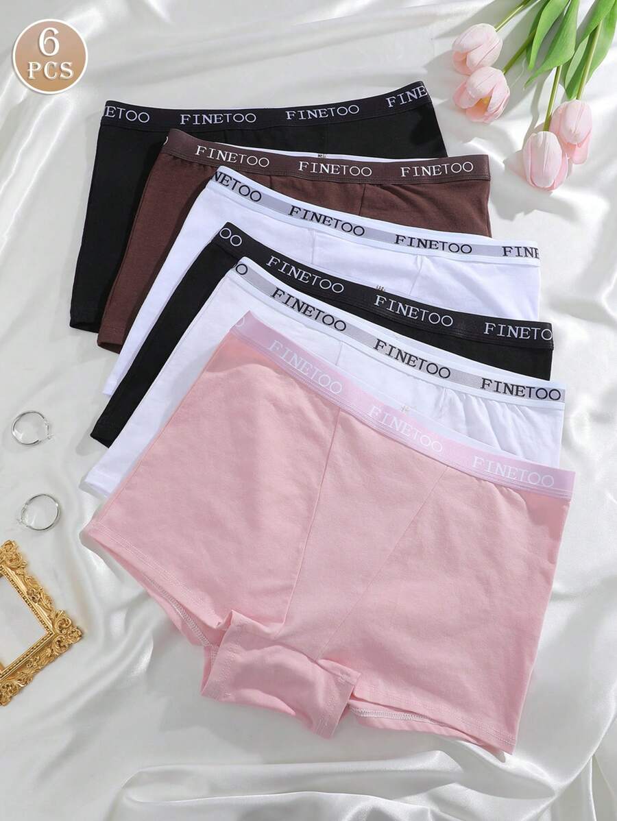 6 Stücke Damen Unterhosen mit Buchstaben-Bund-Design, unifarbene bequeme Baumwoll-Sporthöschen
