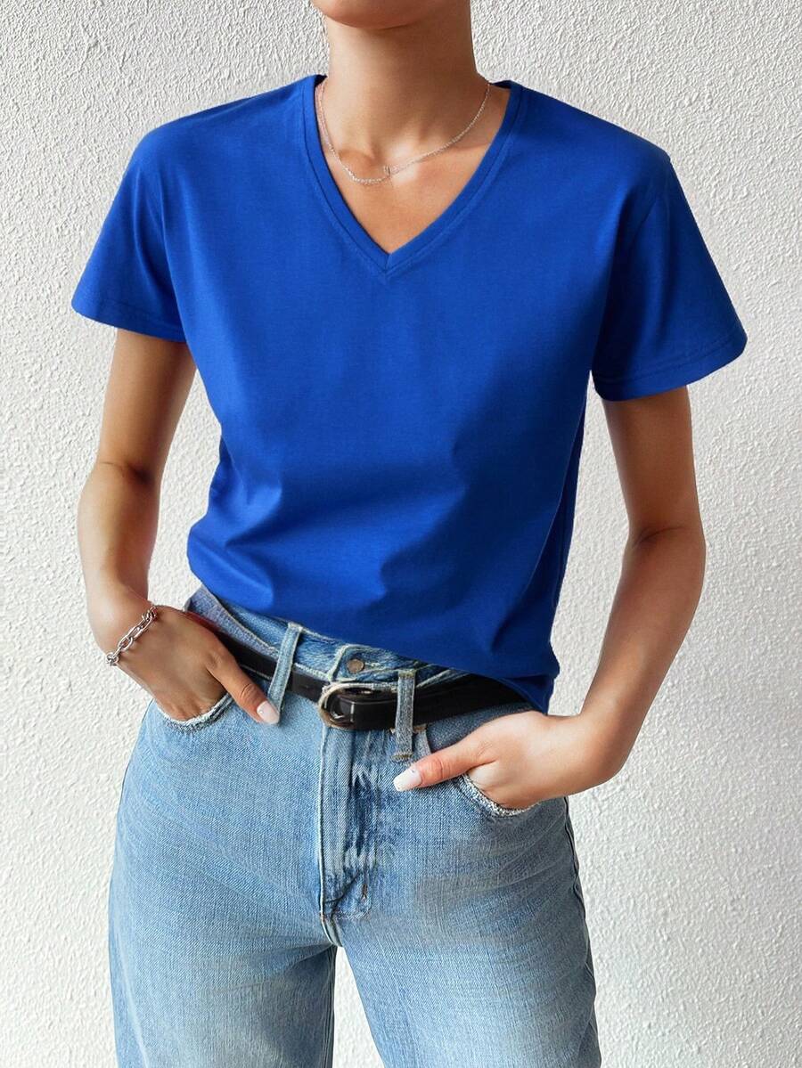 Playera dama mujer basica manga corta cuello V algodon fresca ligera - Azul Rey - Ver 1