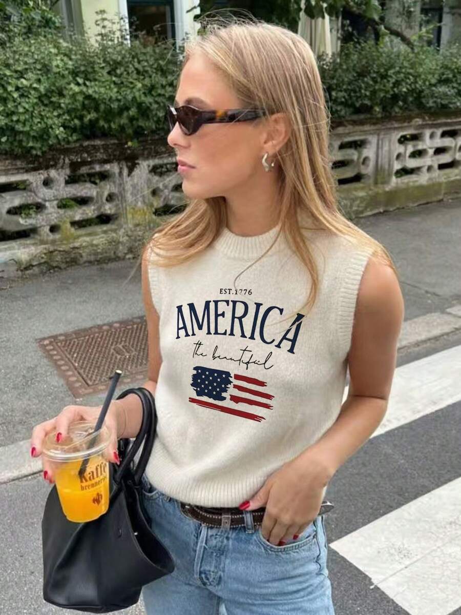 Áo vest nữ cổ tròn mới của mùa xuân hè AMERICA USA in chữ, áo phông mùa hè màu trắng, đơn giản và thời trang, thích hợp để đi làm, áo nữ mùa hè - trắng - Xem 1