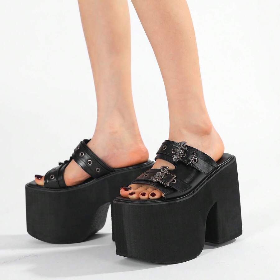 Gdgydh Platform Waterproof Wedge Sandals For Women, Summer New Gothic Style Metal Bat Decor Chunky Heel Slide Sandals