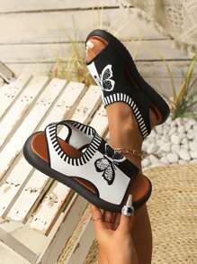 1 Pair Dual-Color Plaid Butterfly Open-Weave Sports Bohemian Sandals, Breathable Elastic Summer Beach & Outdoor Casual Shoes