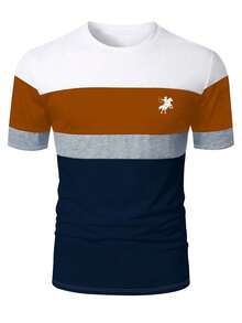 男士极简主义马匹剪影印花撞色圆领短袖T恤，修身版型，轻薄透气，夏季款 - 藏蓝色 - 查看 3