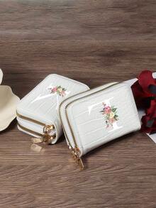 New Wallet Card Bag Clutch Bag, Fashion Wallet,Art Design Of Pink Floral Letters A-Z,Water-Repellent Pu Zipper Short Wallet Handbag,Double Zipper Multifunctional, Delicate Design, Large Capacity, Compact Size, Suitable For Driver's License, Business Cards, And Other Documents,Mini Thin Lightweight Zipper Credit Card Cash Money Portable, Multi Slots Credit Card Id Card Storage Bag, Perfect For Daily Use & Travel - White - View 5