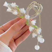 1 Piece Elegant Lily Pearl Tassel Hair Claw Exquisite Craft Non-Slip Durable Versatile Large Clip For Ponytail Hairstyle Daily Party Wedding Wear Perfect Loving Gift For Women Girls 2026 Mother's Day Ideal Present For Mom Grandma Ladies Fashion Essential - 鑽石鈴蘭 - 查看 5