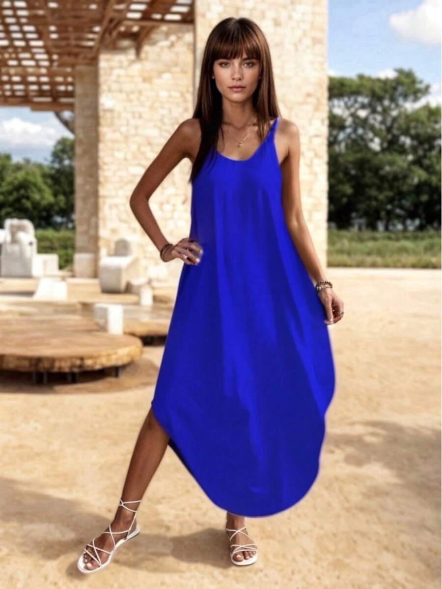 Loose V-Neck Midi Dress With Straps - Blue - View 1