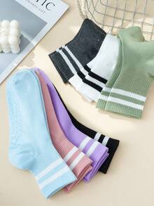 1 Pair/7 Pairs Women's Yoga Crew Socks With Stripes & Solids, Suitable For Yoga, Pilates, Gym Outfits - Non-Slip Silicone Dot Design, Breathable - Multicolor - View 5
