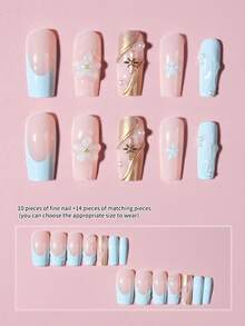 24片方形美甲贴纸，浅蓝色法式风格，包含花朵、珍珠、金线和闪粉图案，附赠1个指甲锉和1瓶凝胶胶水，适合女性和女孩使用。
