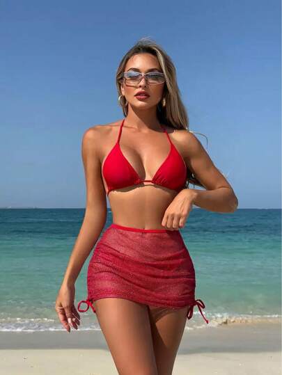 Conjunto de 3 piezas de bikini de mujer con espalda con cordones sexy, traje de baño de moda para verano y playa