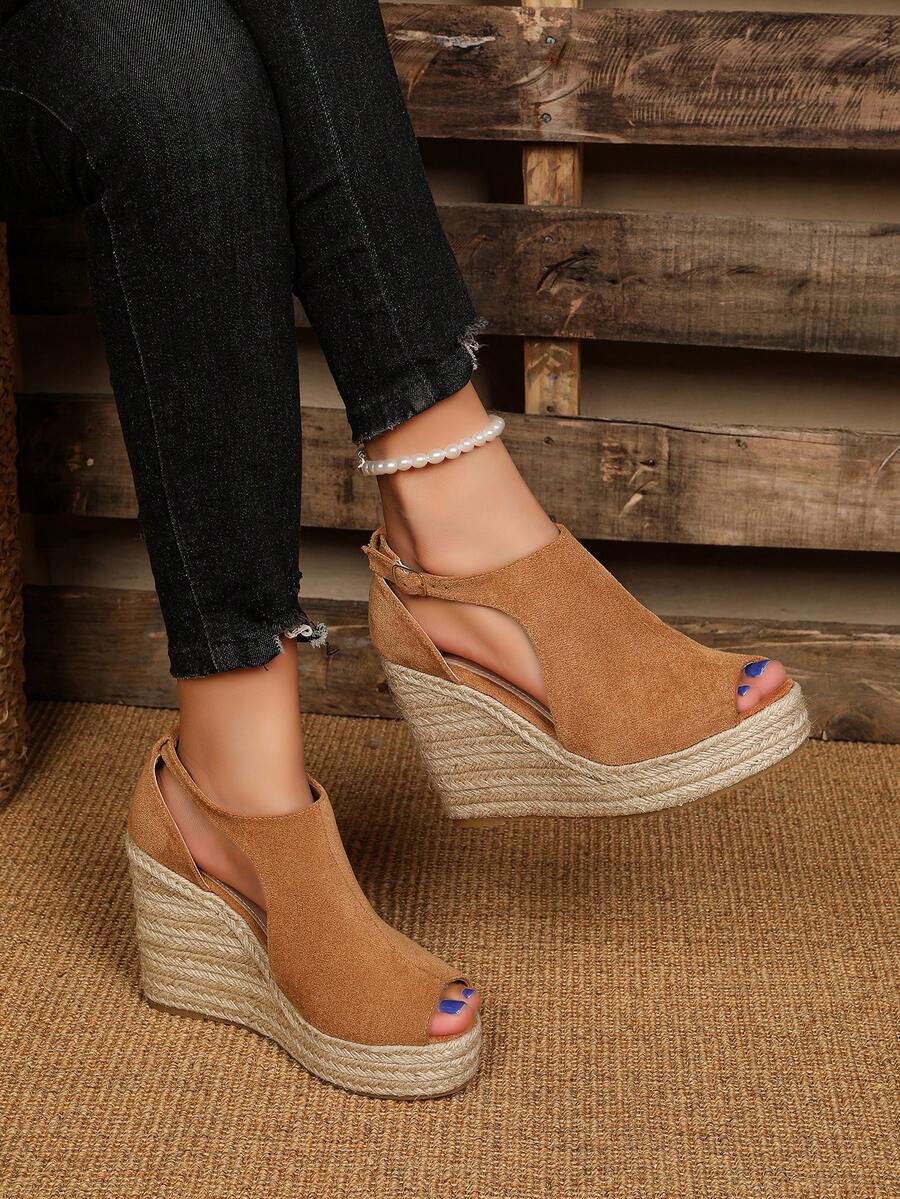 天鹅绒时尚纽扣闭合绳饰休闲坡跟女鞋