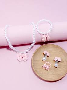 5 件套儿童仿珍珠蝴蝶结项链、手链、耳环、戒指首饰套装