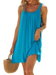 Women's Summer Short Beach Dress Solid Color Sleeveless Backless U Neck Beachwear - 藍色 - 查看 1